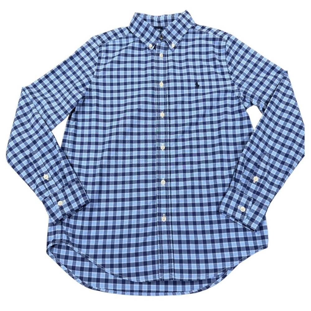Polo Ralph Lauren Boys L 14-16 Performance Blue Plaid Long Sleeve Button Down